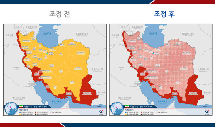 여행경보 조정전후 지도(이란)